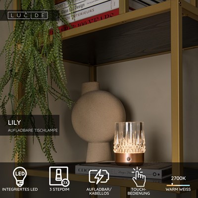 Lucide LILY - wiederaufladbare Tischlampe - Akku/Batterie - Ø 8 cm - LED 3 StepDim - 1x3W 2700K/3000K - Kupfer - Set von 3